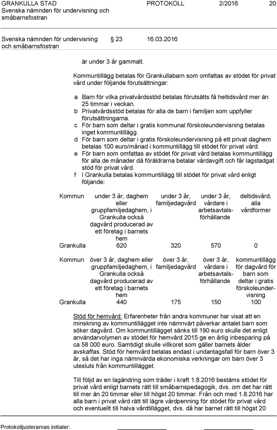 veckan. b Privatvårdsstöd betalas för alla de barn i familjen som uppfyller förutsättningarna. c För barn som deltar i gratis kommunal förskoleundervisning betalas inget kommuntillägg.