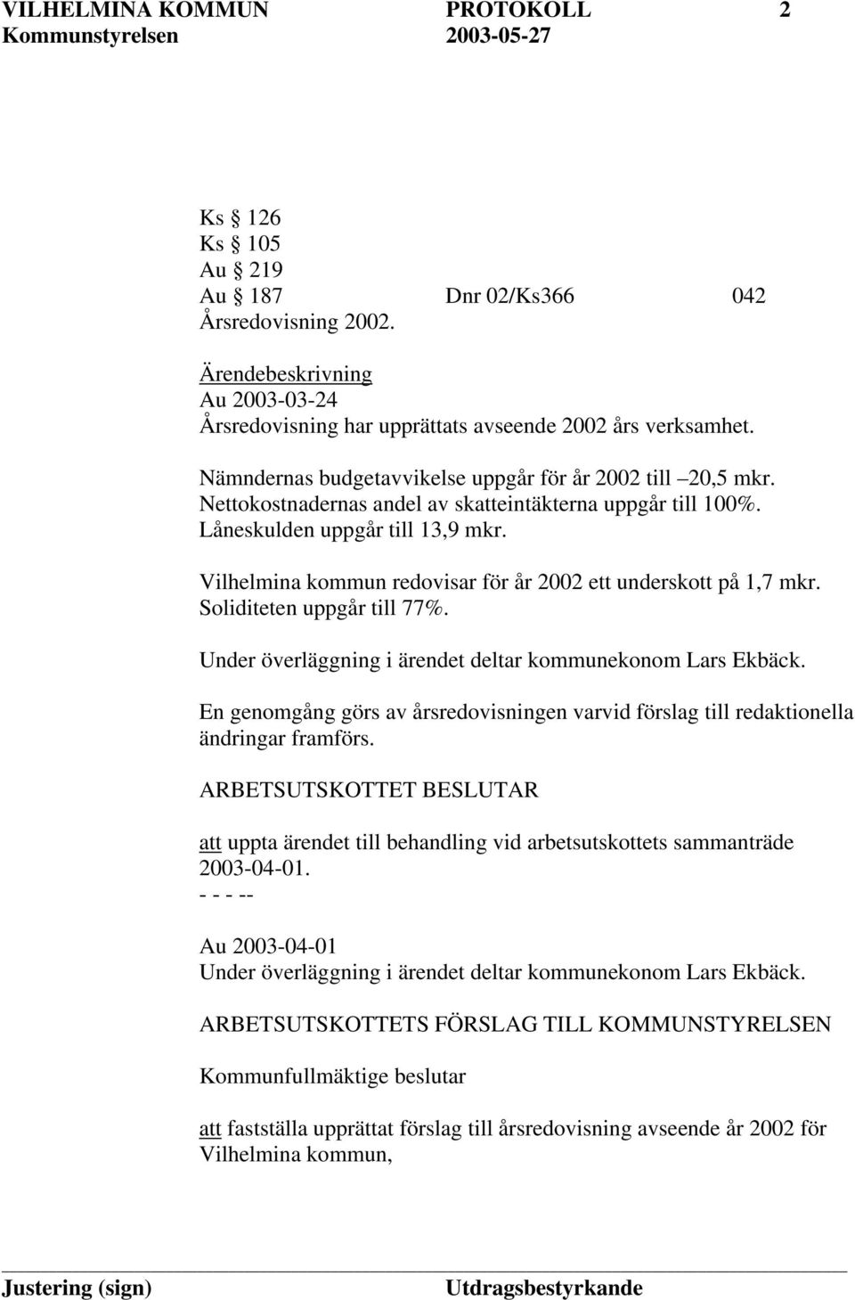 Vilhelmina kommun redovisar för år 2002 ett underskott på 1,7 mkr. Soliditeten uppgår till 77%. Under överläggning i ärendet deltar kommunekonom Lars Ekbäck.