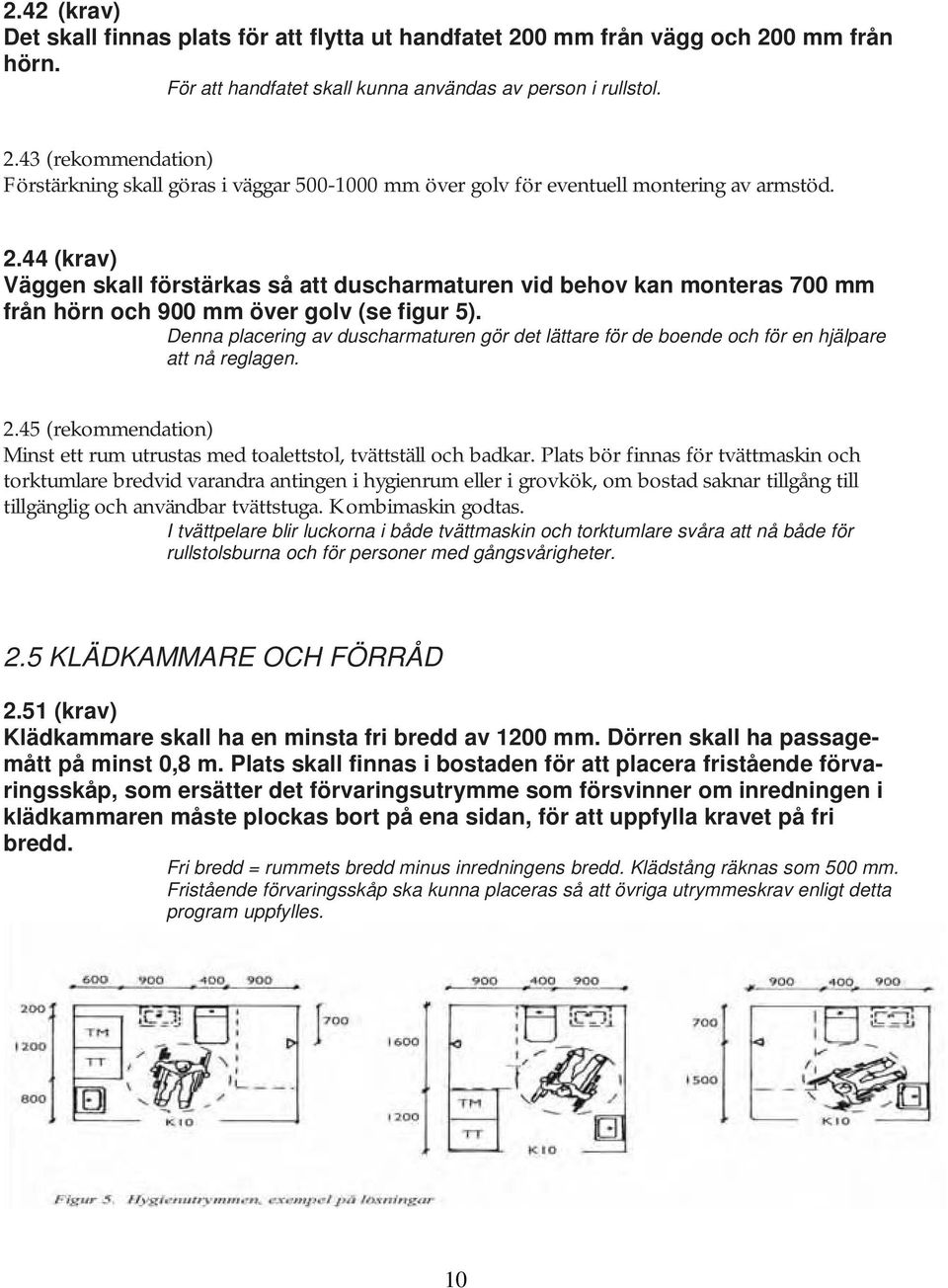 Denna placering av duscharmaturen gör det lättare för de boende och för en hjälpare att nå reglagen. 2.45 (rekommendation) Minst ett rum utrustas med toalettstol, tvättställ och badkar.