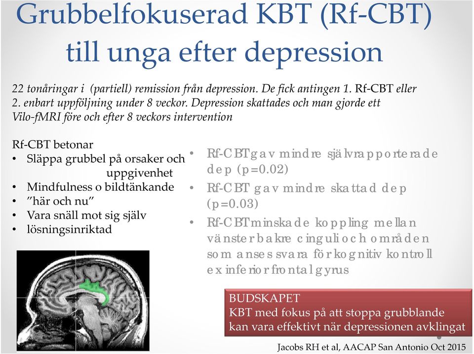 snäll mot sig själv lösningsinriktad Rf-CBT gav mindre självrapporterade dep (p=0.02) Rf-CBT gav mindre skattad dep (p=0.