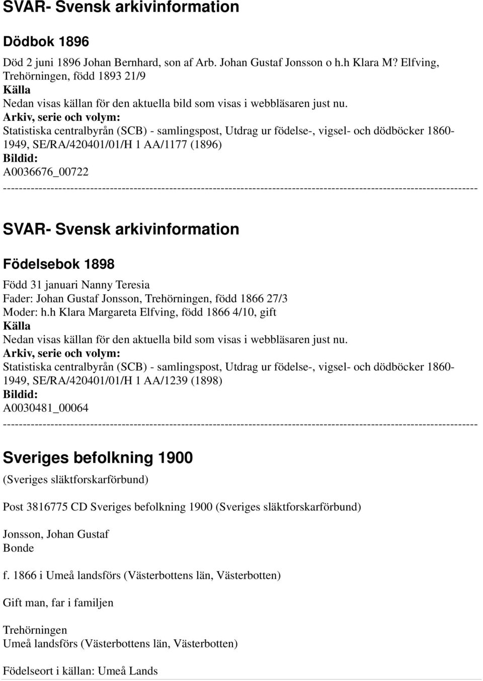 arkivinformation Födelsebok 1898 Född 31 januari Nanny Teresia Fader: Johan Gustaf Jonsson,, född 1866 27/3 Moder: h.