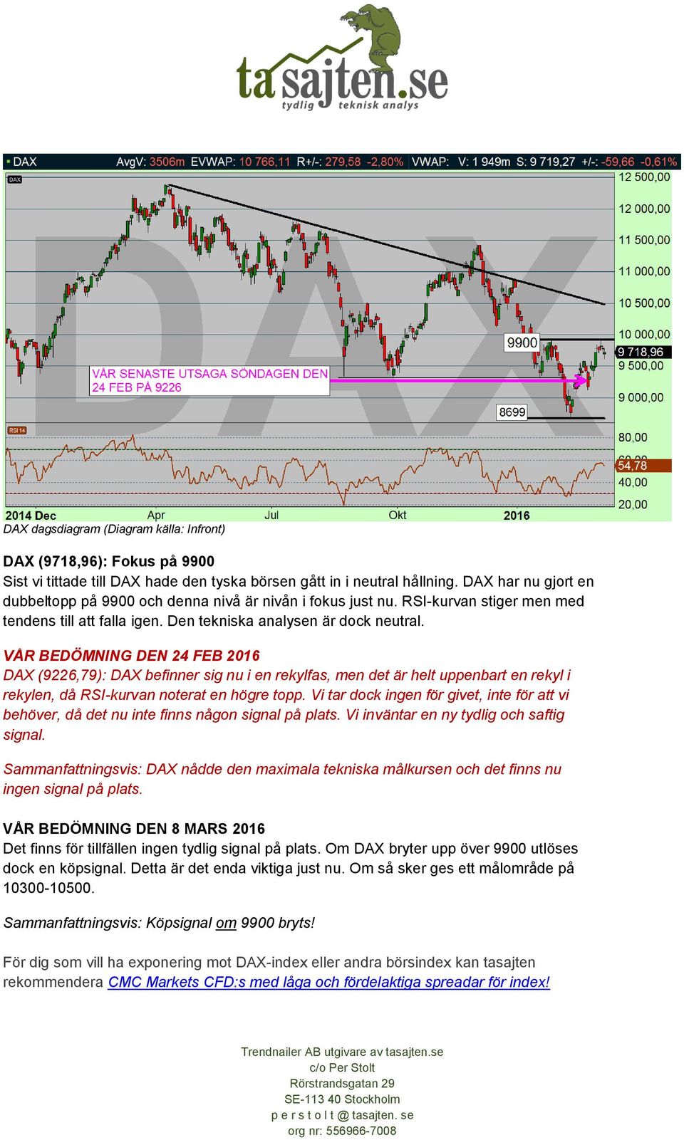 VÅR BEDÖMNING DEN 24 FEB 2016 DAX (9226,79): DAX befinner sig nu i en rekylfas, men det är helt uppenbart en rekyl i rekylen, då RSI-kurvan noterat en högre topp.