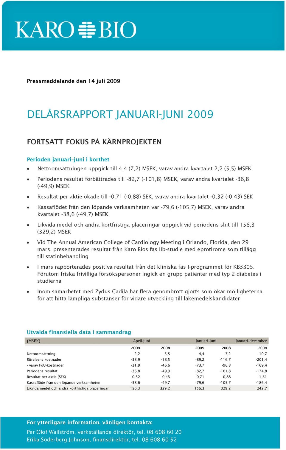 SEK Kassaflödet från den löpande verksamheten var -79,6 (-105,7) MSEK, varav andra kvartalet -38,6 (-49,7) MSEK Likvida medel och andra kortfristiga placeringar uppgick vid periodens slut till 156,3