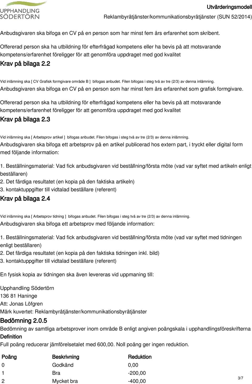 3 Vid inlämning ska [ Arbetsprov artikel ] bifogas anbudet. Filen bifogas i steg två av tre (2/3) av denna inlämning.