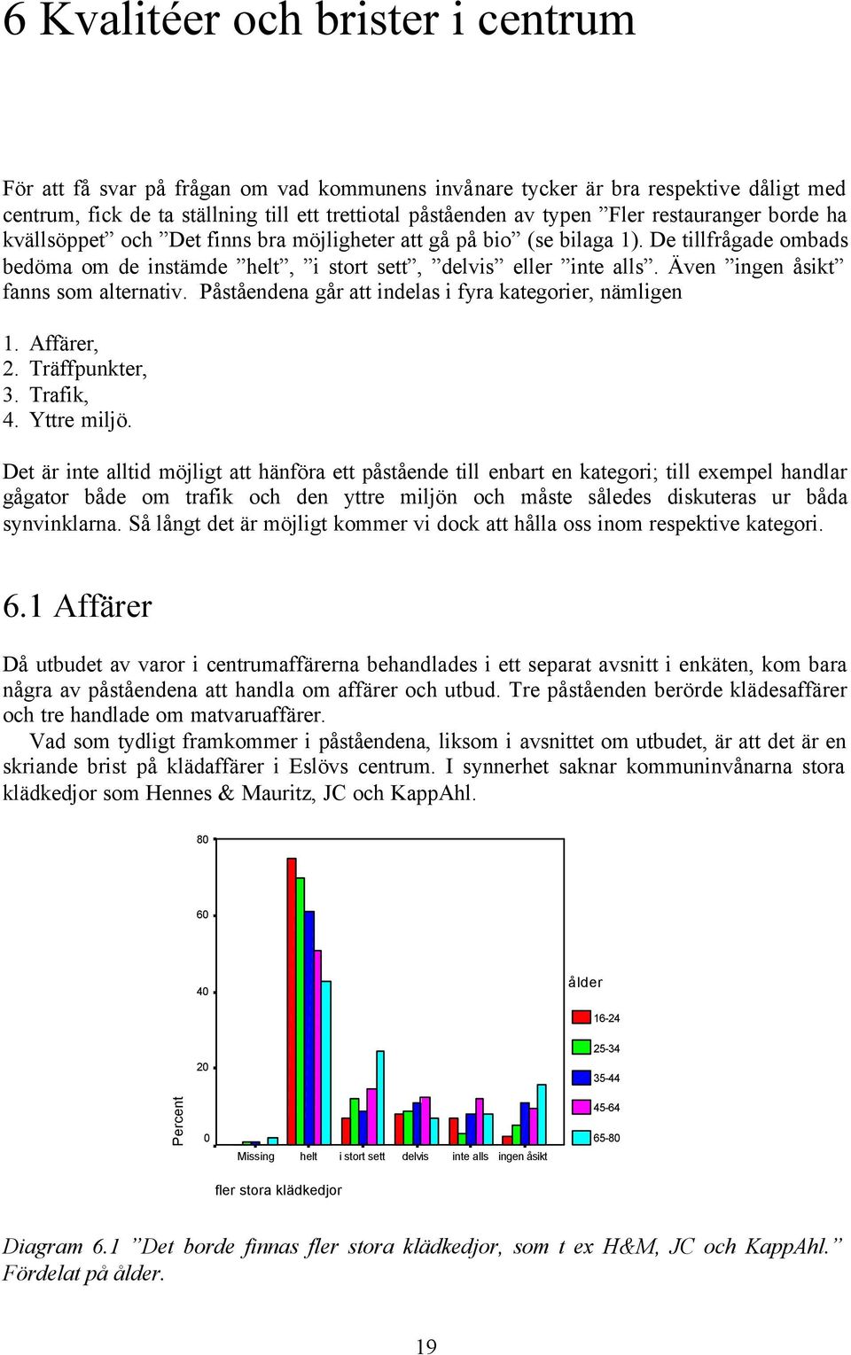 Även ingen åsikt fanns som alternativ. Påståendena går att indelas i fyra kategorier, nämligen 1. Affärer, 2. Träffpunkter, 3. Trafik, 4. Yttre miljö.