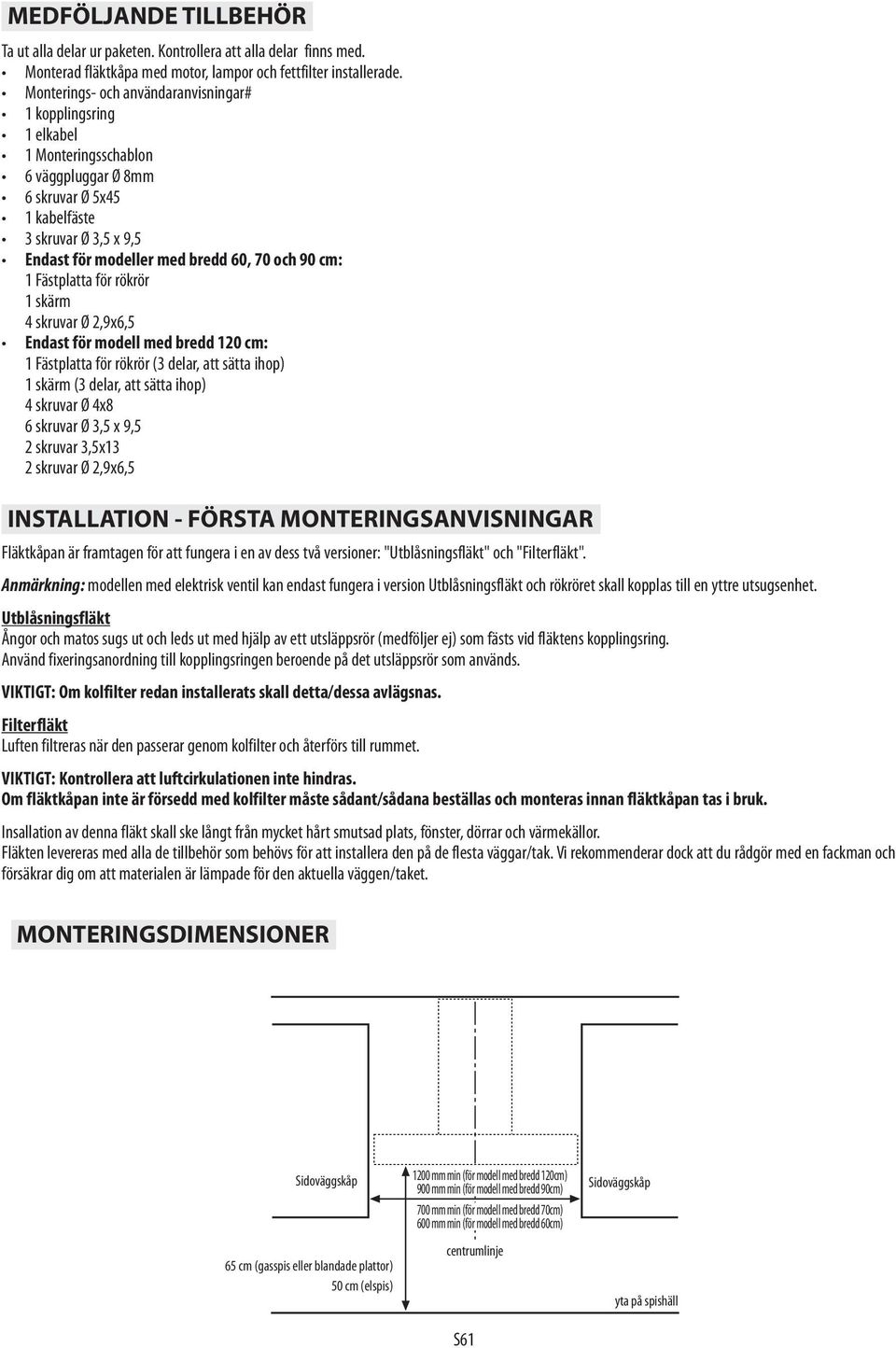 cm: 1 Fästplatta för rökrör 1 skärm 4 skruvar Ø 2,9x6,5 Endast för modell med bredd 120 cm: 1 Fästplatta för rökrör (3 delar, att sätta ihop) 1 skärm (3 delar, att sätta ihop) 4 skruvar Ø 4x8 6