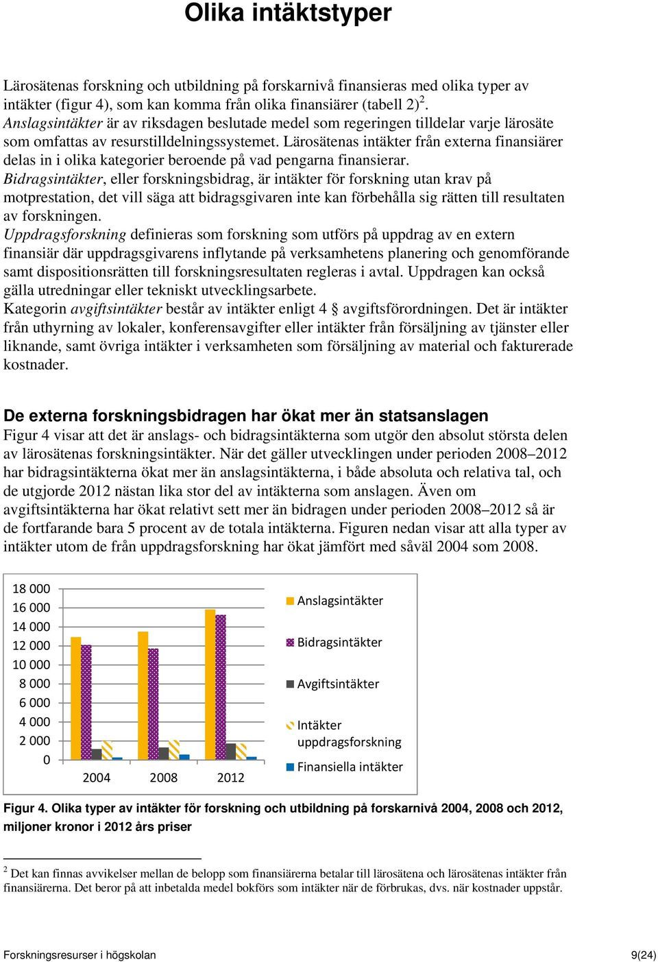 Lärosätenas intäkter från externa finansiärer delas in i olika kategorier beroende på vad pengarna finansierar.