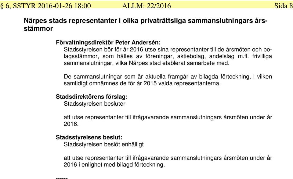 De sammanslutningar som är aktuella framgår av bilagda förteckning, i vilken samtidigt omnämnes de för år 2015 valda representanterna.