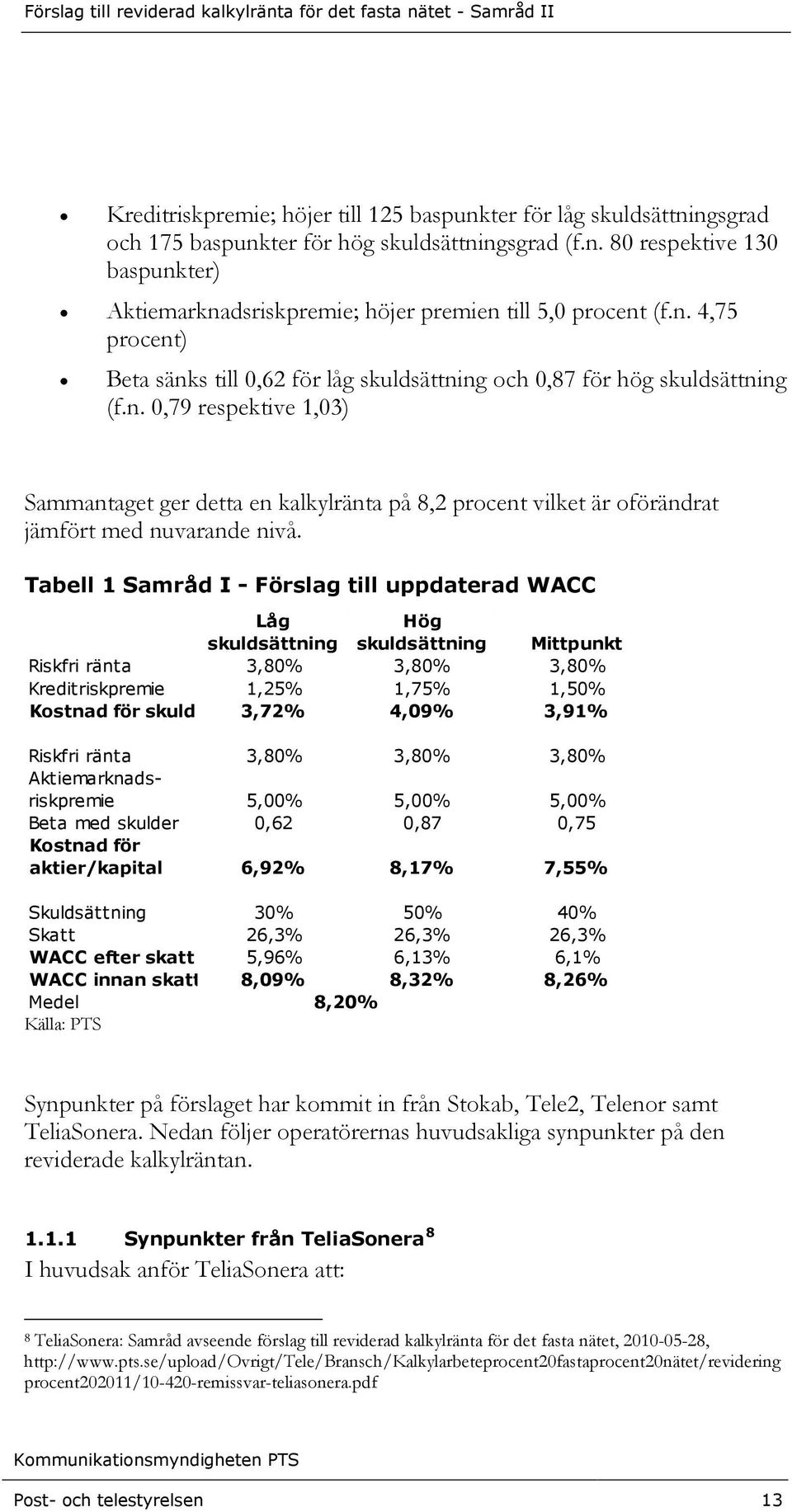 Tabell 1 Samråd I - Förslag till uppdaterad WACC Låg skuldsättning Hög skuldsättning Mittpunkt Riskfri ränta 3,80% 3,80% 3,80% Kreditriskpremie 1,25% 1,75% 1,50% Kostnad för skuld 3,72% 4,09% 3,91%