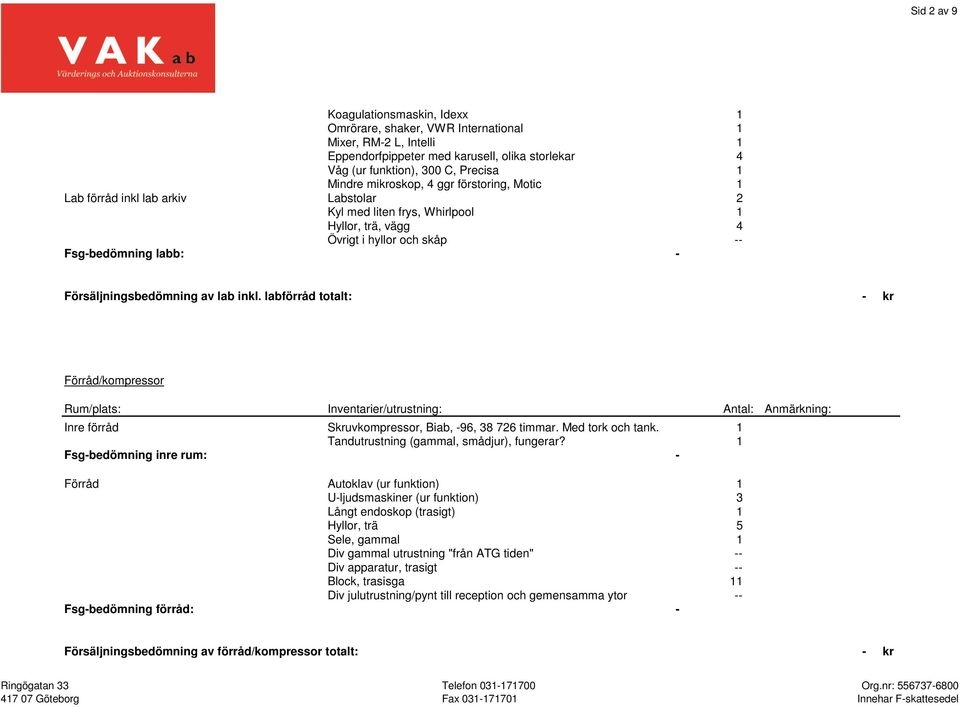 av lab inkl. labförråd totalt: - kr Förråd/kompressor Inre förråd Skruvkompressor, Biab, -96, 38 726 timmar. Med tork och tank. 1 Tandutrustning (gammal, smådjur), fungerar?