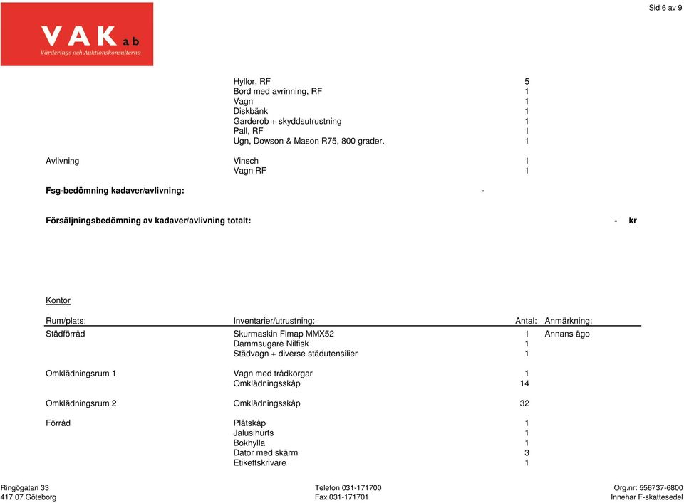 1 Avlivning Vinsch 1 Vagn RF 1 Fsg-bedömning kadaver/avlivning: - Försäljningsbedömning av kadaver/avlivning totalt: - kr Kontor