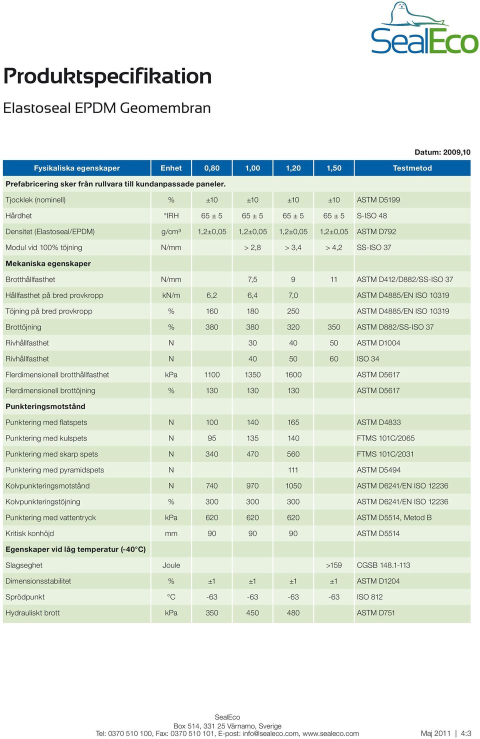 N/mm > 2,8 > 3,4 > 4,2 SS-ISO 37 Mekaniska egenskaper Brotthållfasthet N/mm 7,5 9 11 ASTM D412/D882/SS-ISO 37 Hållfasthet på bred provkropp kn/m 6,2 6,4 7,0 ASTM D4885/EN ISO 10319 Töjning på bred