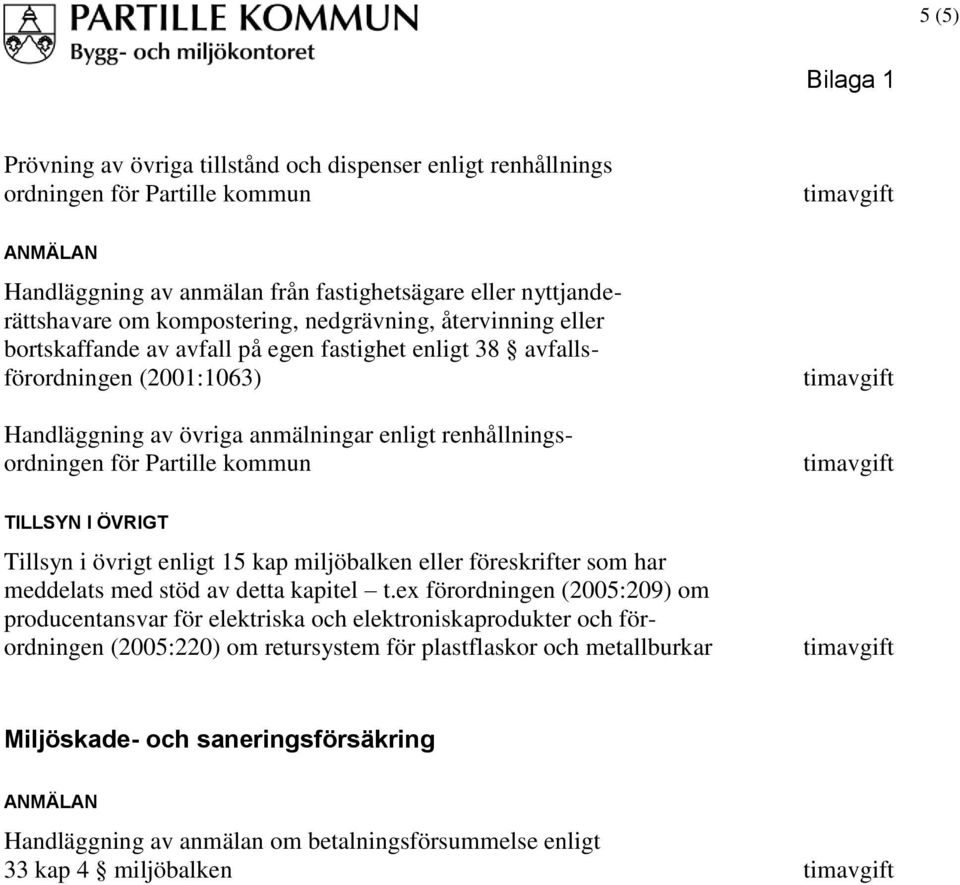 Partille kommun TILLSYN I ÖVRIGT Tillsyn i övrigt enligt 15 kap miljöbalken eller föreskrifter som har meddelats med stöd av detta kapitel t.