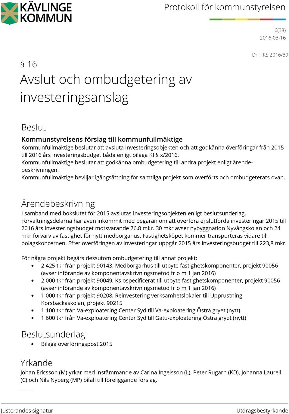 Kommunfullmäktige beviljar igångsättning för samtliga projekt som överförts och ombudgeterats ovan.