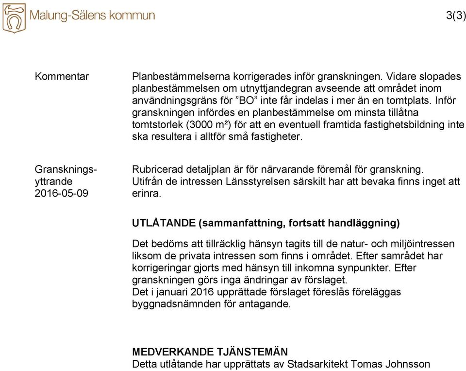 Inför granskningen infördes en planbestämmelse om minsta tillåtna tomtstorlek (3000 m²) för att en eventuell framtida fastighetsbildning inte ska resultera i alltför små fastigheter.