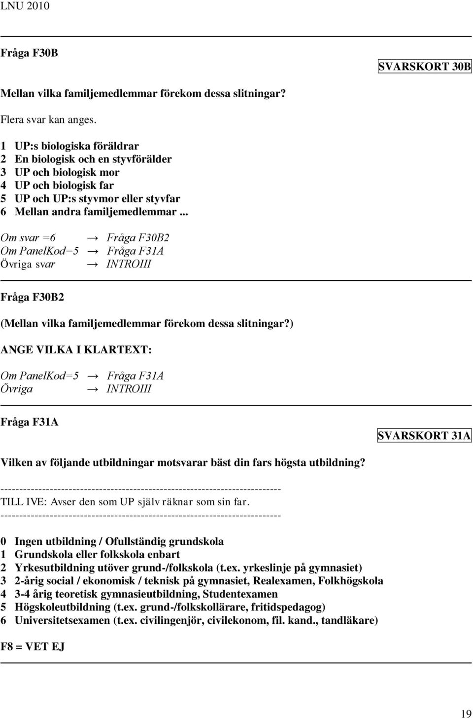 .. Om svar =6 Fråga F30B2 Om PanelKod=5 Fråga F31A Övriga svar INTROIII Fråga F30B2 (Mellan vilka familjemedlemmar förekom dessa slitningar?
