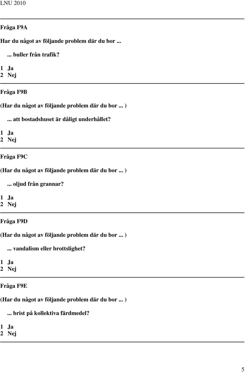 Fråga F9C (Har du något av följande problem där du bor... )... oljud från grannar?