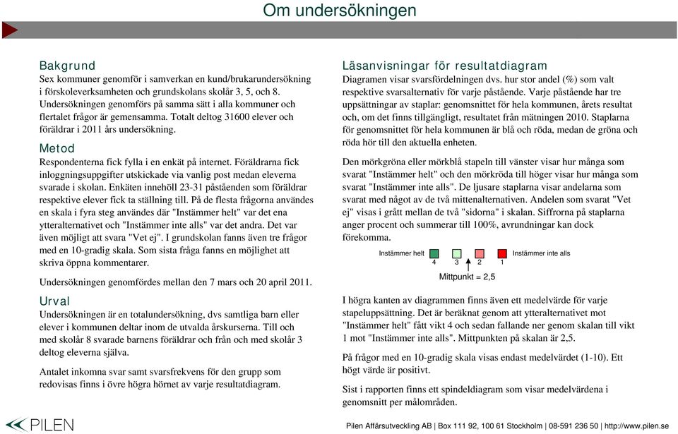 Metod Respondenterna fick fylla i en enkät på internet. Föräldrarna fick inloggningsuppgifter utskickade via vanlig post medan eleverna svarade i skolan.