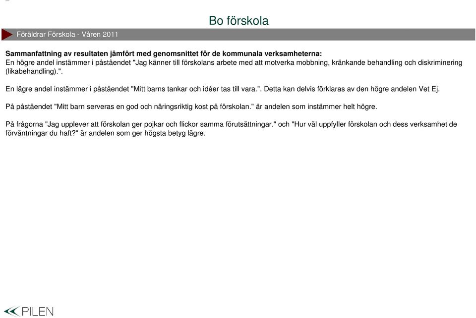 ". Detta kan delvis förklaras av den högre andelen Vet Ej. På påståendet "Mitt barn serveras en god och näringsriktig kost på förskolan." är andelen som instämmer helt högre.