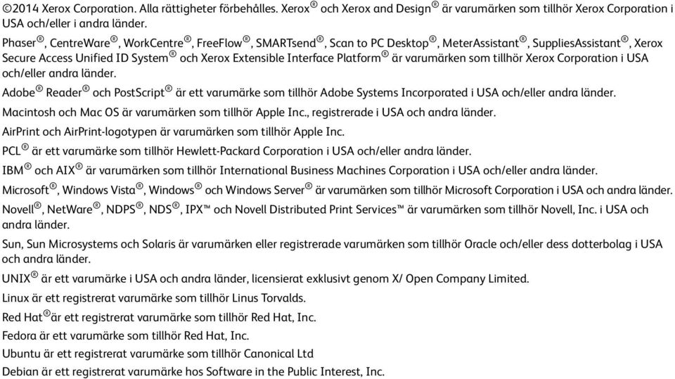som tillhör Xerox Corporation i USA och/eller andra länder. Adobe Reader och PostScript är ett varumärke som tillhör Adobe Systems Incorporated i USA och/eller andra länder.