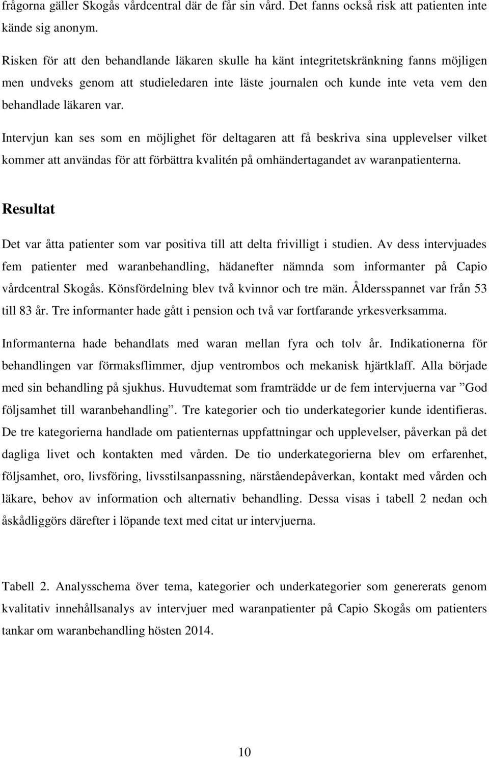 Intervjun kan ses som en möjlighet för deltagaren att få beskriva sina upplevelser vilket kommer att användas för att förbättra kvalitén på omhändertagandet av waranpatienterna.