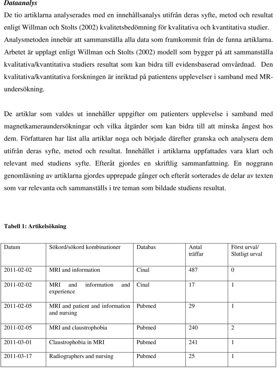 Arbetet är upplagt enligt Willman och Stolts (2002) modell som bygger på att sammanställa kvalitativa/kvantitativa studiers resultat som kan bidra till evidensbaserad omvårdnad.
