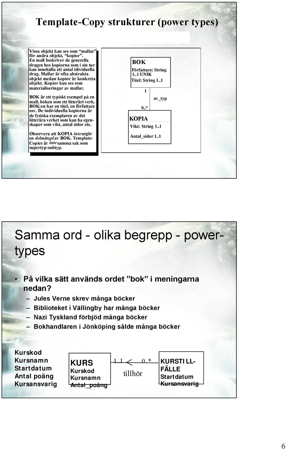 Kopior kan ses som materialiseringar av mallar. BOK är ett typiskt exempel på en mall, boken som ett litterärt verk. BOK:en har en titel, en författare osv.