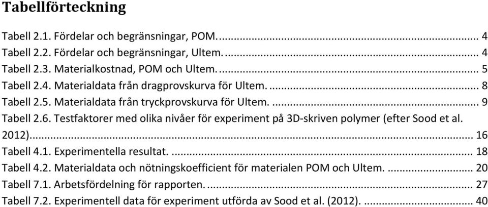 Testfaktorer med olika nivåer för experiment på 3D skriven polymer (efter Sood et al. 2012).... 16 Tabell 4.1. Experimentella resultat.... 18 Tabell 4.2. Materialdata och nötningskoefficient för materialen POM och Ultem.
