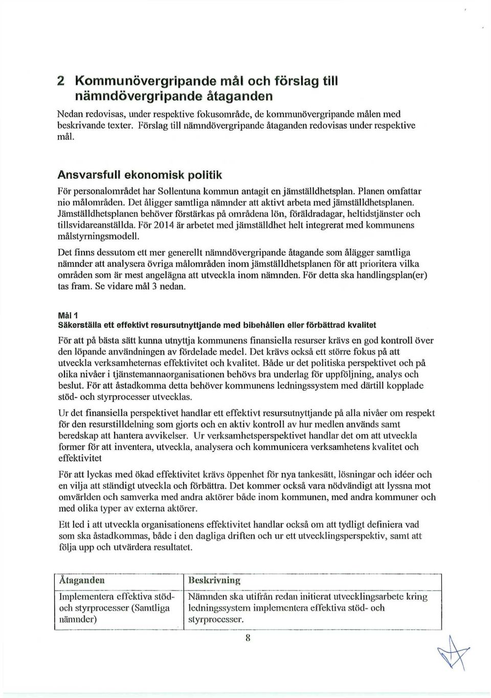 Planen omfattar nio målområden. Det åligger samtliga nämnder att aktivt arbeta med jämställdhetsplanen.