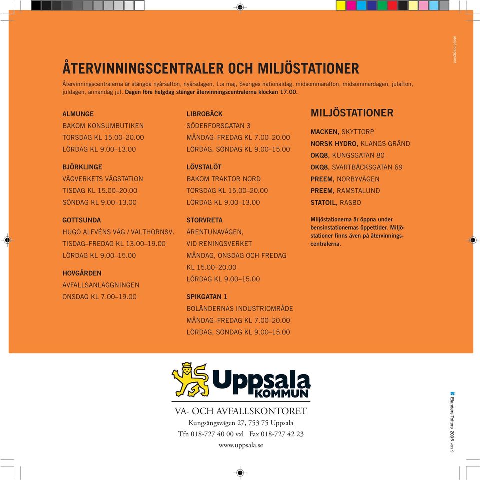 00 BJÖRKLINGE VÄGVERKETS VÄGSTATION TISDAG KL 15.00 20.00 SÖNDAG KL 9.00 13.00 GOTTSUNDA HUGO ALFVÉNS VÄG / VALTHORNSV. TISDAG FREDAG KL 13.00 19.00 LÖRDAG KL 9.00 15.