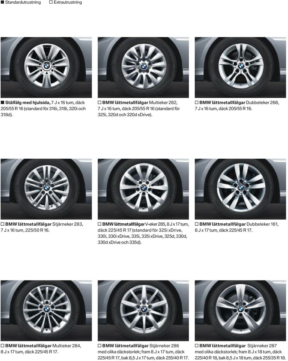 BMW lättmetallfälgar Stjärneker, J x tum, / R. BMW lättmetallfälgar V-eker, J x tum, däck / R (standard för xdrive,, xdrive,, xdrive,,, xdrive och ).