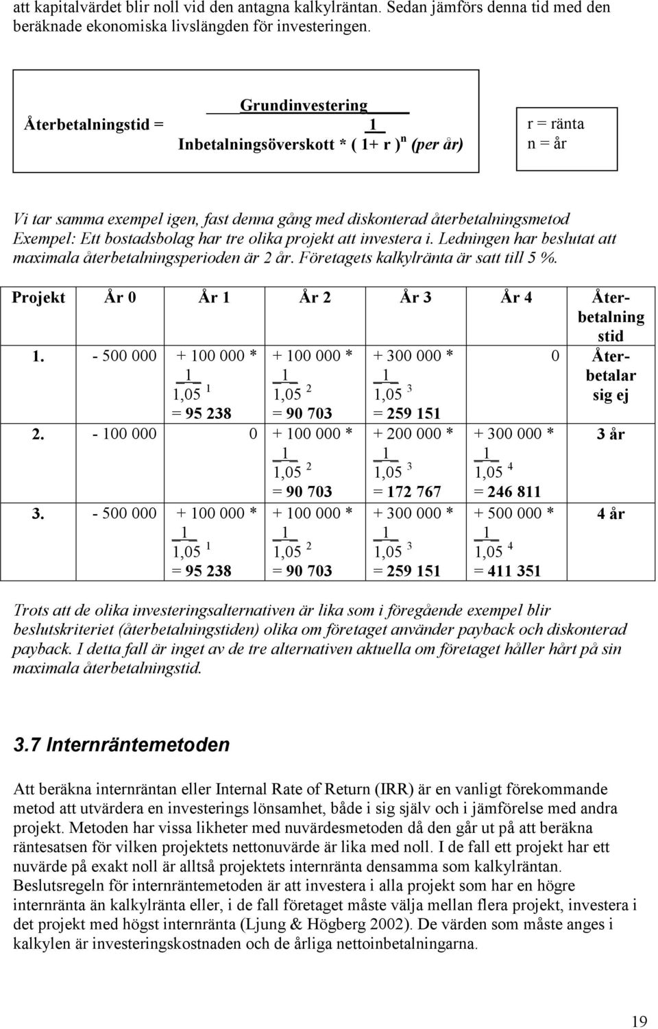 bostadsbolag har tre olika projekt att investera i. Ledningen har beslutat att maximala återbetalningsperioden är 2 år. Företagets kalkylränta är satt till 5 %.