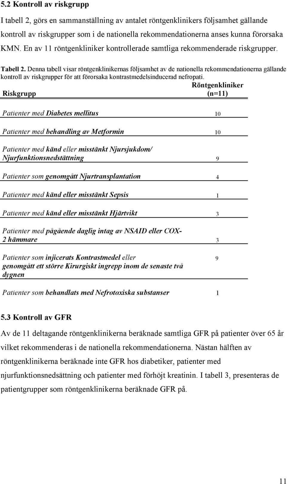 Denna tabell visar röntgenklinikernas följsamhet av de nationella rekommendationerna gällande kontroll av riskgrupper för att förorsaka kontrastmedelsinducerad nefropati.