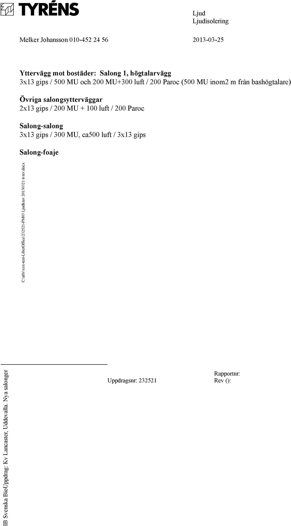 Övriga salongsytterväggar 2x13 gips / 200 MU + 100 luft / 200 Paroc