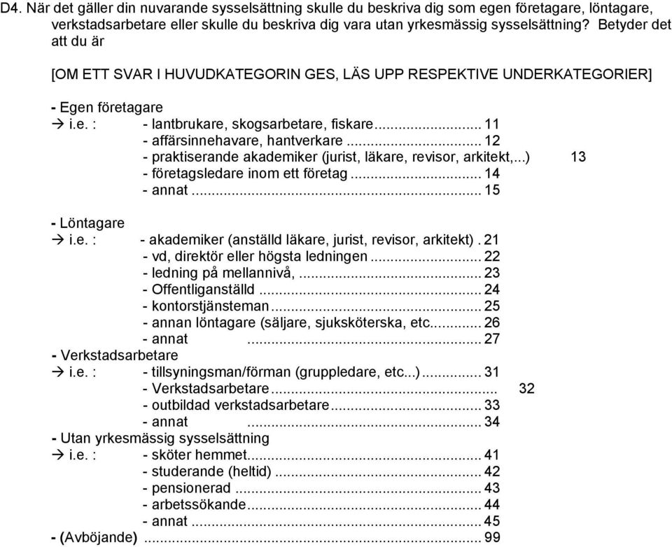 .. 12 - praktiserande akademiker (jurist, läkare, revisor, arkitekt,...) 13 - företagsledare inom ett företag... 14 - annat... 15 - Löntagare i.e. : - akademiker (anställd läkare, jurist, revisor, arkitekt).