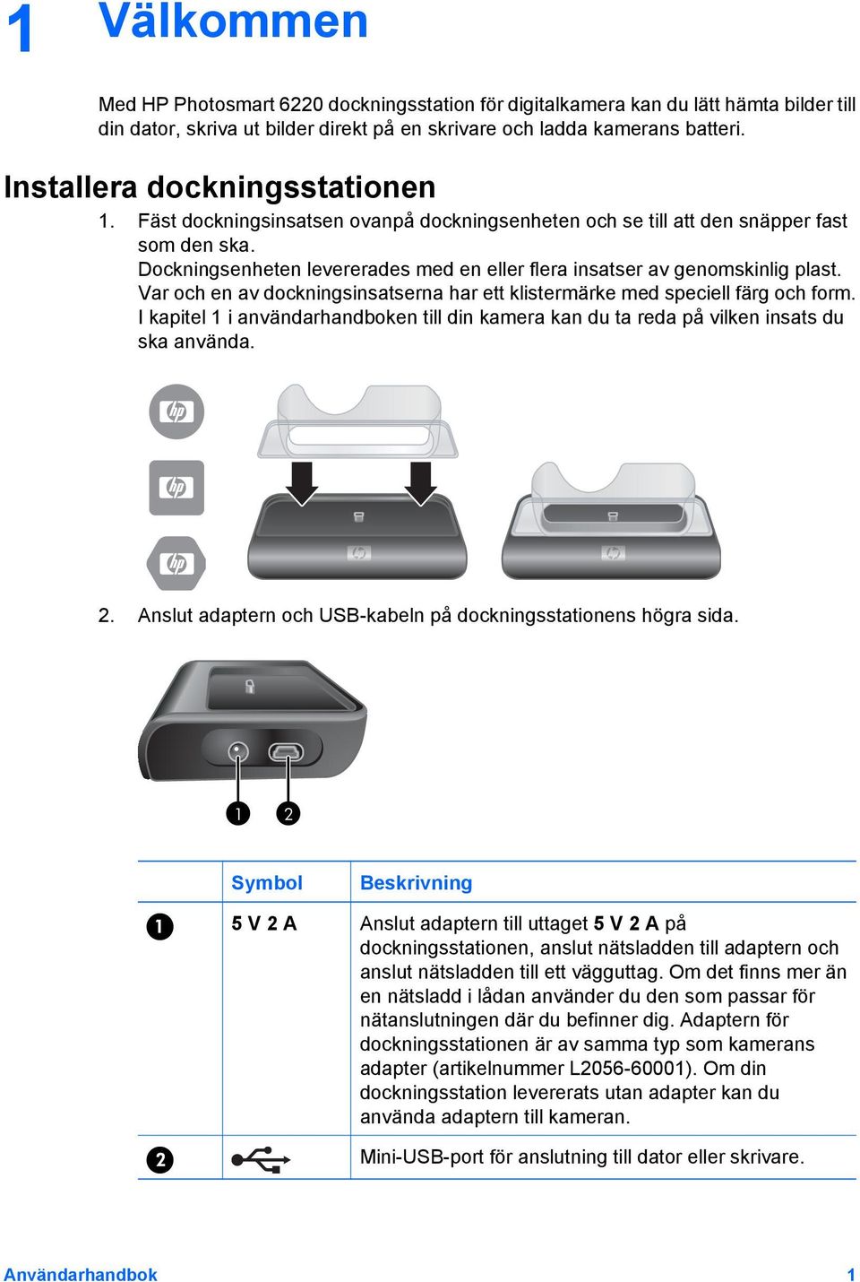 Dockningsenheten levererades med en eller flera insatser av genomskinlig plast. Var och en av dockningsinsatserna har ett klistermärke med speciell färg och form.