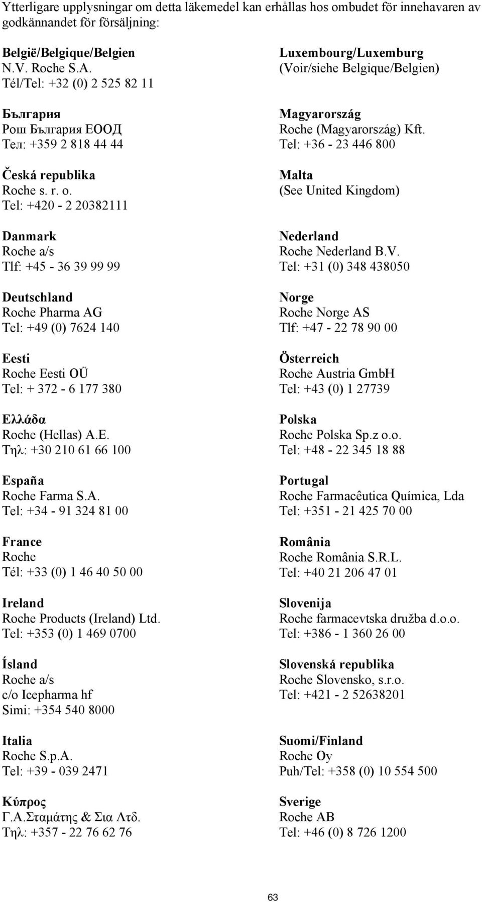 Tel: +420-2 20382111 Danmark Roche a/s Tlf: +45-36 39 99 99 Deutschland Roche Pharma AG Tel: +49 (0) 7624 140 Eesti Roche Eesti OÜ Tel: + 372-6 177 380 Ελλάδα Roche (Hellas) A.E. Τηλ: +30 210 61 66 100 España Roche Farma S.