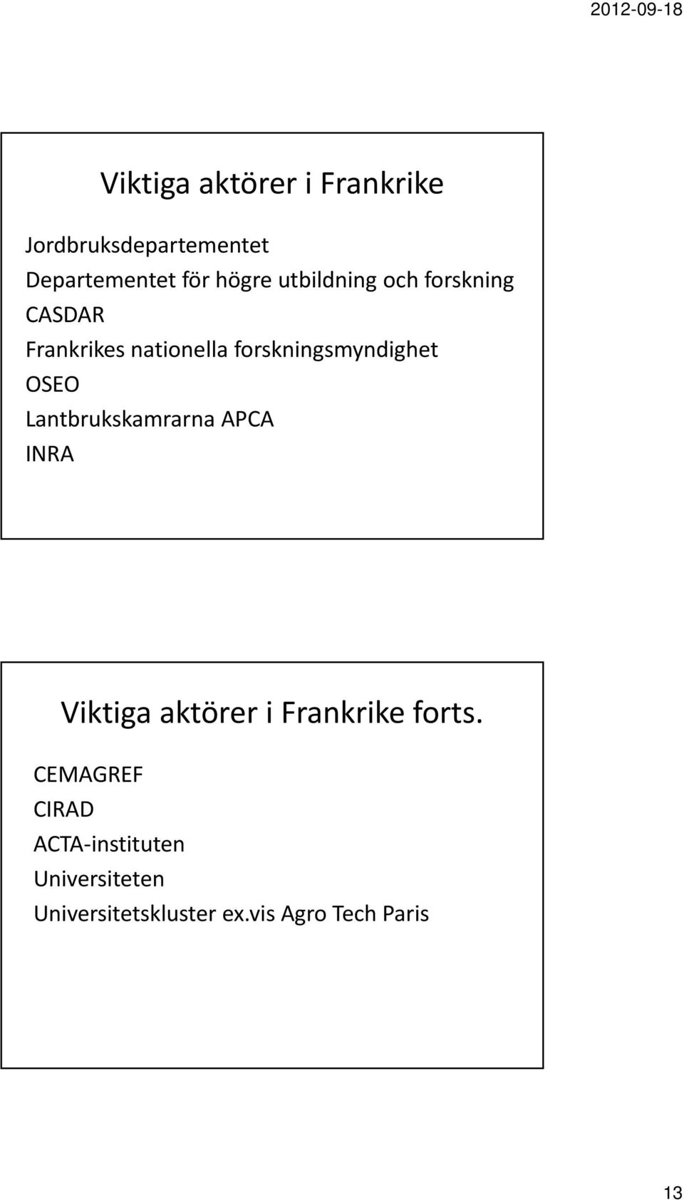 OSEO Lantbrukskamrarna APCA INRA Viktiga aktörer i Frankrike forts.