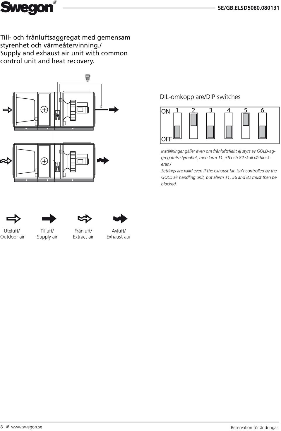 ON 2 3 4 5 6 Inställningar gäller även om frånluftsfläkt ej styrs av GOLD-aggregatets styrenhet, men larm, 56 och 82 skall då