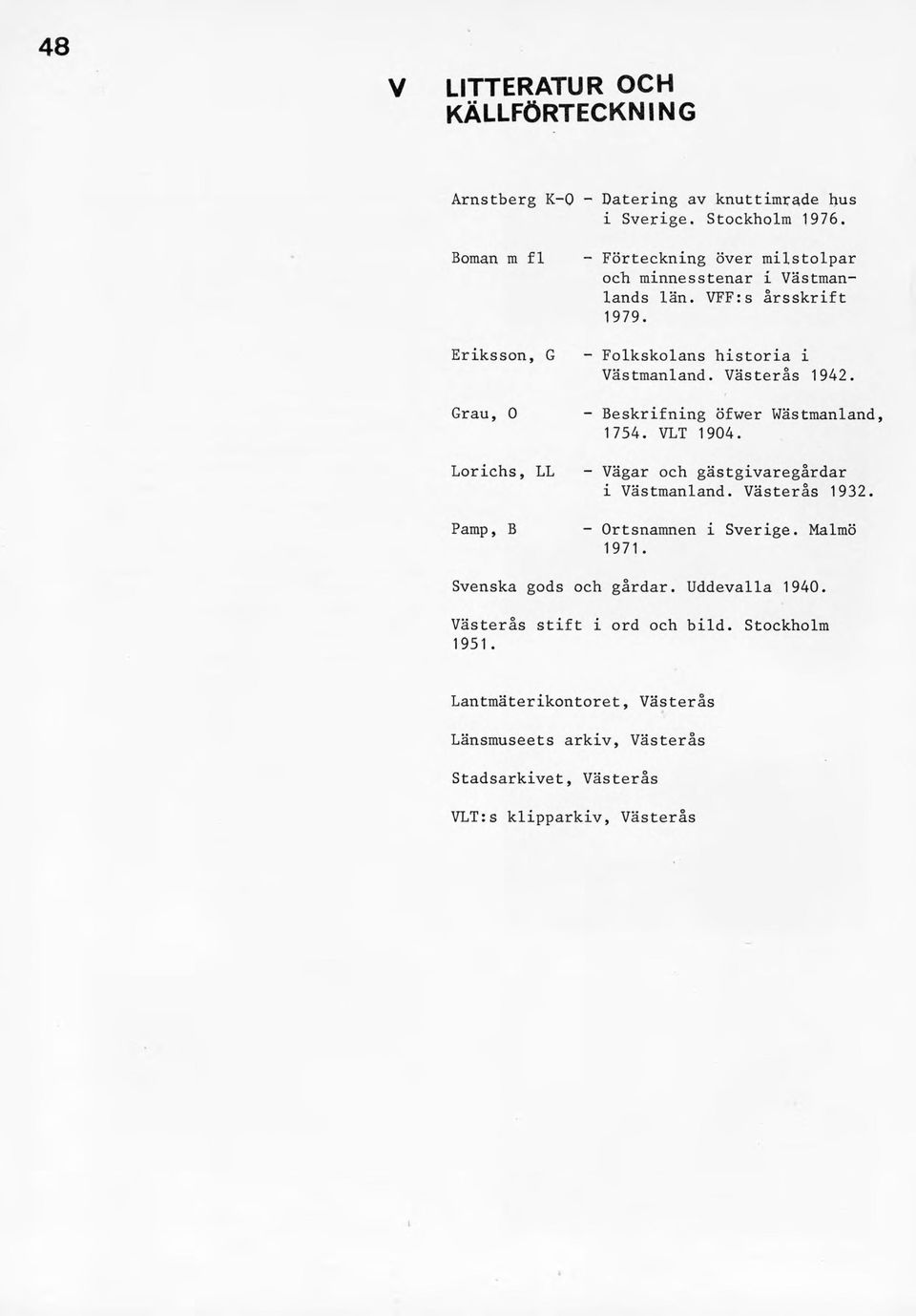 - Folkskolans historia i Västmanland. Västerås 1942. - Beskrifning öfwer Wästmanland, 1754. VLT 1904. - Vägar och gästgivaregårdar i Västmanland. Västerås 1932.