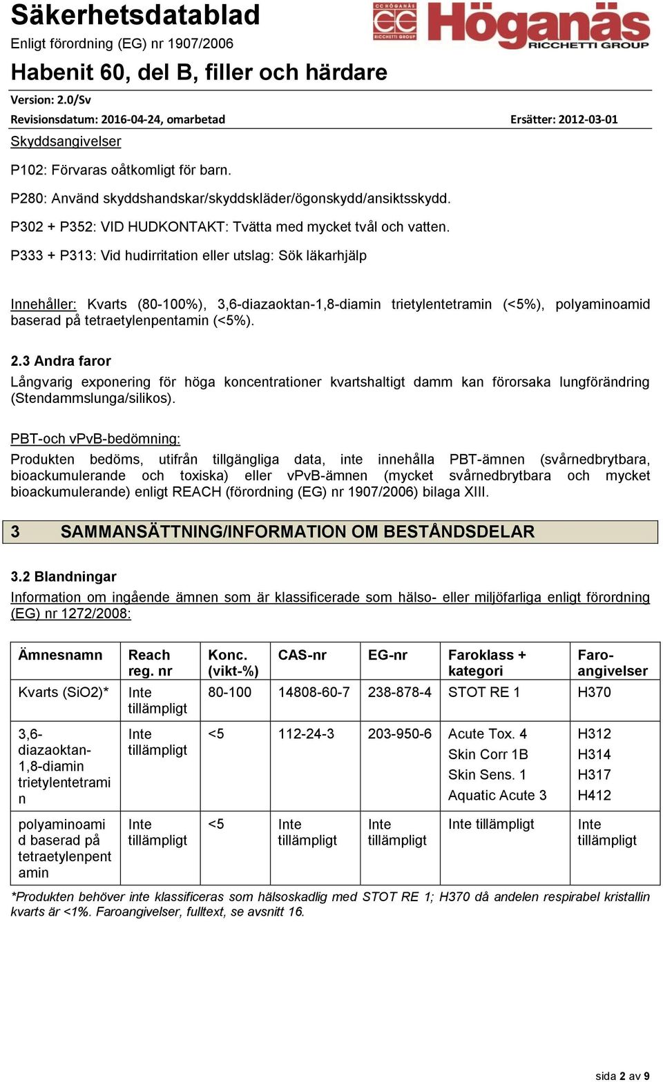 3 Andra faror Långvarig exponering för höga koncentrationer kvartshaltigt damm kan förorsaka lungförändring (Stendammslunga/silikos).