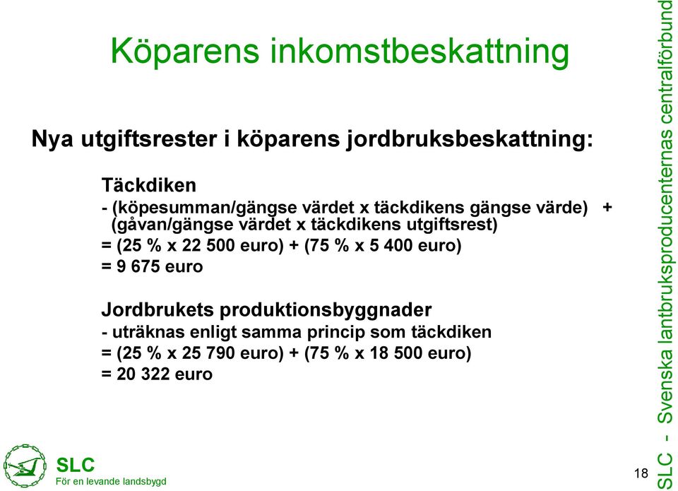 x täckdikens utgiftsrest) = (25 % x 22 500 euro) + (75 % x 5 400 euro) = 9 675 euro Jordbrukets