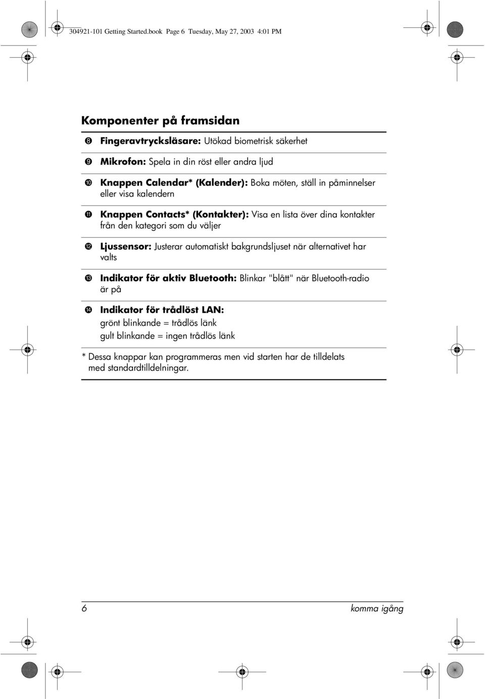 Calendar* (Kalender): Boka möten, ställ in påminnelser eller visa kalendern ; Knappen Contacts* (Kontakter): Visa en lista över dina kontakter från den kategori som du väljer <