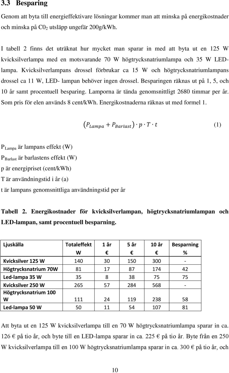 Kvicksilverlampans drossel förbrukar ca 15 W och högtrycksnatriumlampans drossel ca 11 W, LED- lampan behöver ingen drossel. Besparingen räknas ut på 1, 5, och 10 år samt procentuell besparing.