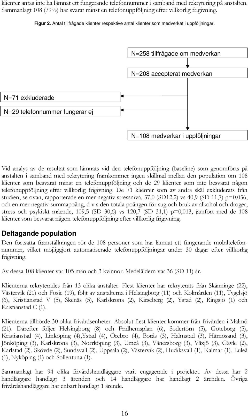 N=258 tillfrågade om medverkan N=208 accepterat medverkan N=79 N=71 exkluderade N=29 telefonnummer fungerar ej N=108 medverkar i uppföljningar Vid analys av de resultat som lämnats vid den