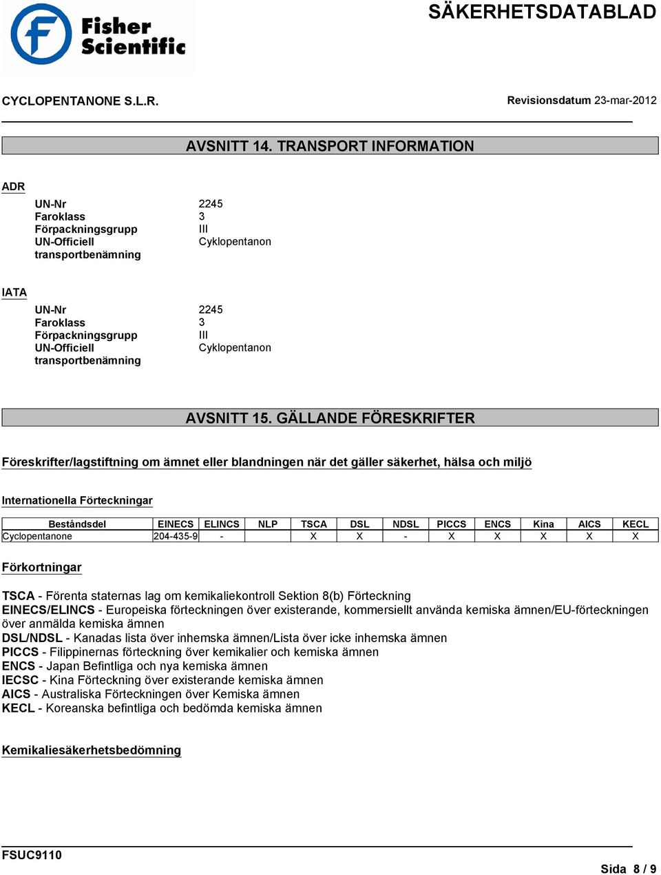 transportbenämning AVSNITT 15.