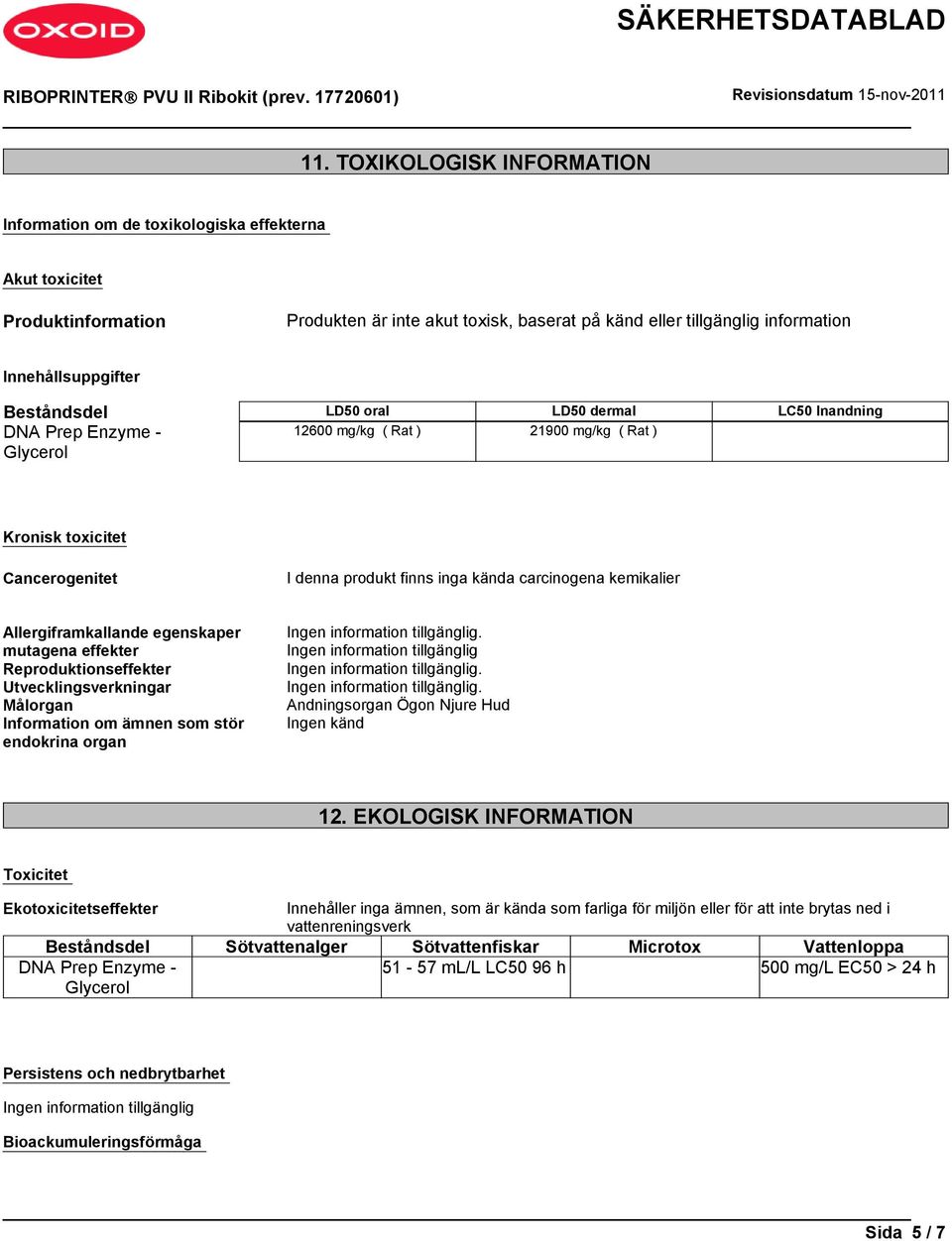 Allergiframkallande egenskaper mutagena effekter Reproduktionseffekter Utvecklingsverkningar Målorgan Information om ämnen som stör endokrina organ Andningsorgan Ögon Njure Hud Ingen känd 12.