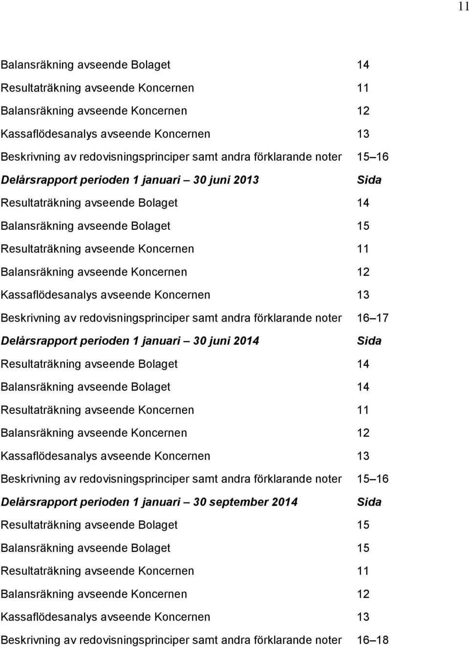 avseende Koncernen 12 Kassaflödesanalys avseende Koncernen 13 Beskrivning av redovisningsprinciper samt andra förklarande noter 16 17 Delårsrapport perioden 1 januari 30 juni 2014 Sida