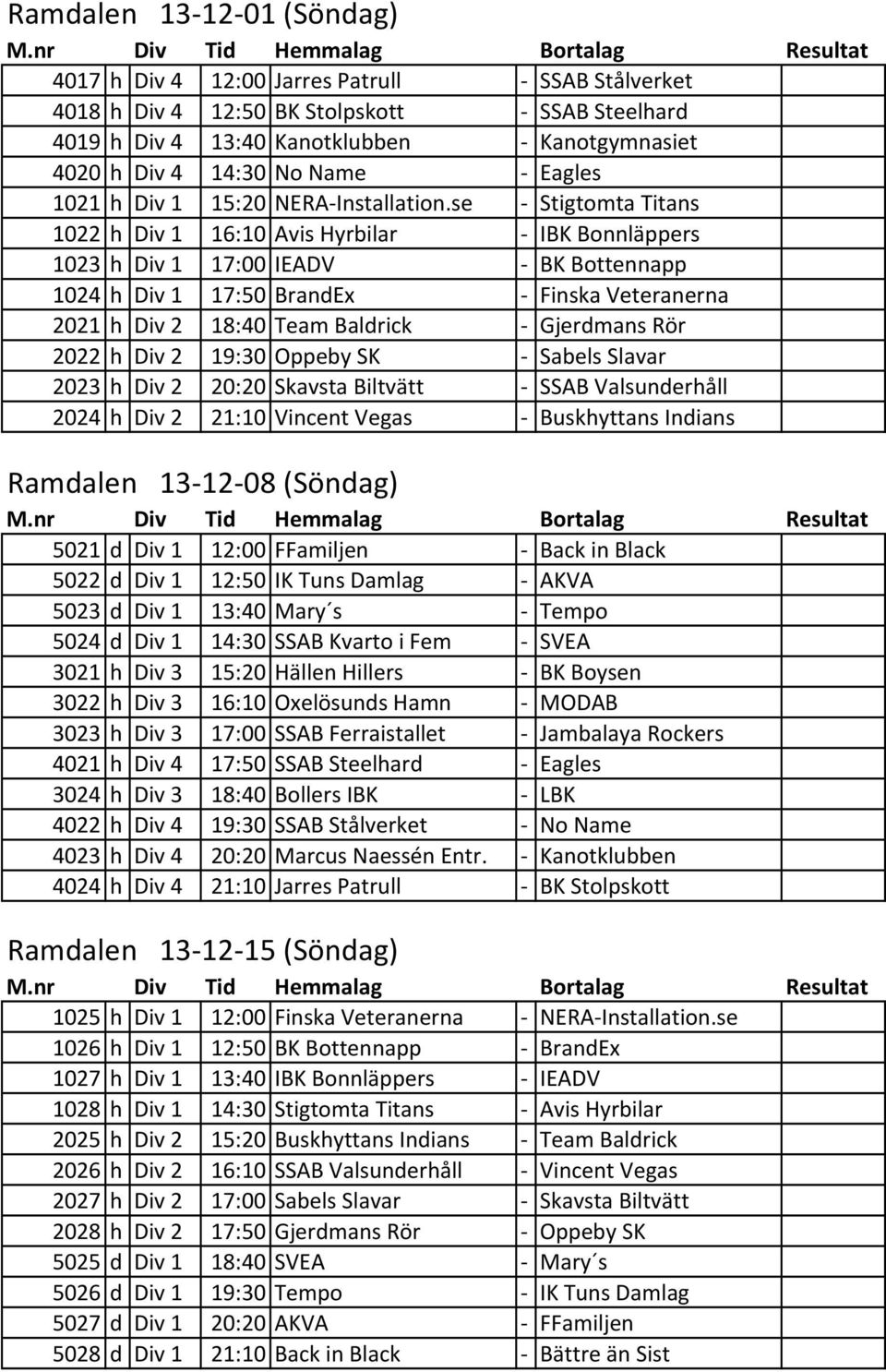 se - Stigtomta Titans 1022 h Div 1 16:10 Avis Hyrbilar - IBK Bonnläppers 1023 h Div 1 17:00 IEADV - BK Bottennapp 1024 h Div 1 17:50 BrandEx - Finska Veteranerna 2021 h Div 2 18:40 Team Baldrick -
