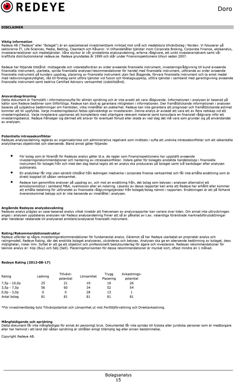 Vi tillhandahåller tjänster inom Corporate Broking, Corporate Finance, aktieanalys, investerarrelationer och medietjänster.